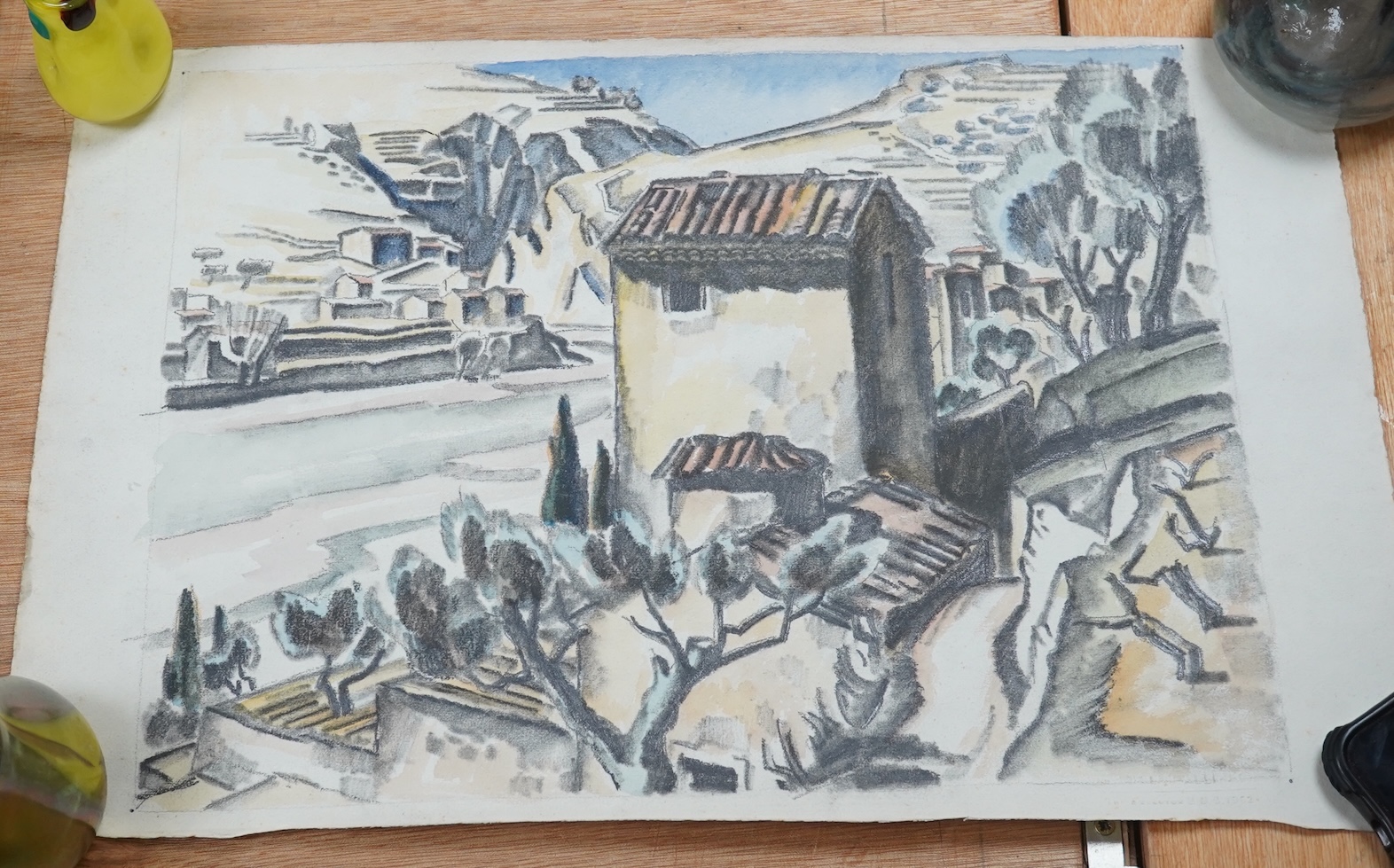 Adrian Paul Allinson ROI (1890-1959), mixed media, French landscape, unsigned, blind stamped by the artist's executors, 1962, unframed. Condition - fair to good